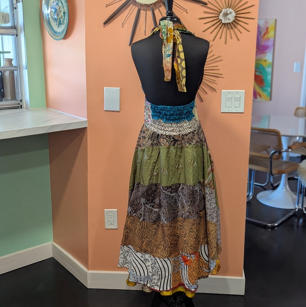 Bohenian Jack Pot Silk Multicolor Patchwork Halter Dress Maxi Festival - Picture 3 of 16